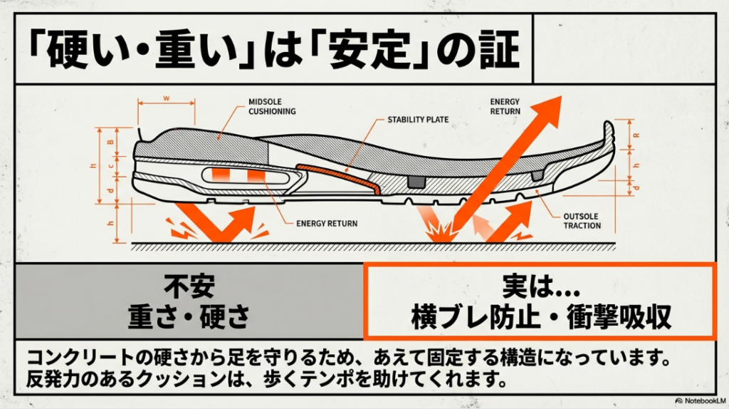 ミッドソールのクッション、安定プレート、アウトソールのトラクションなど、衝撃吸収と横ブレ防止の構造を示す断面図スライド。
