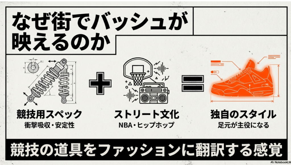 競技用スペックの衝撃吸収性と、NBA・ヒップホップなどのストリート文化が融合した独自のスタイルを説明するスライド