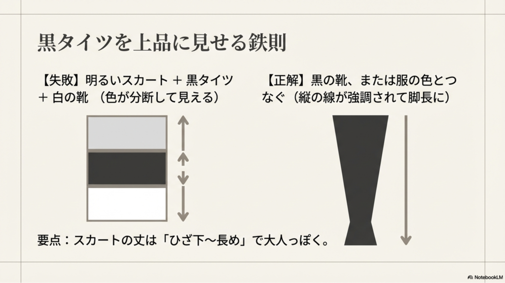 明るいスカートに黒タイツと白靴を合わせる失敗例と、黒の靴や服の色をつないで縦のラインを強調する成功例の比較