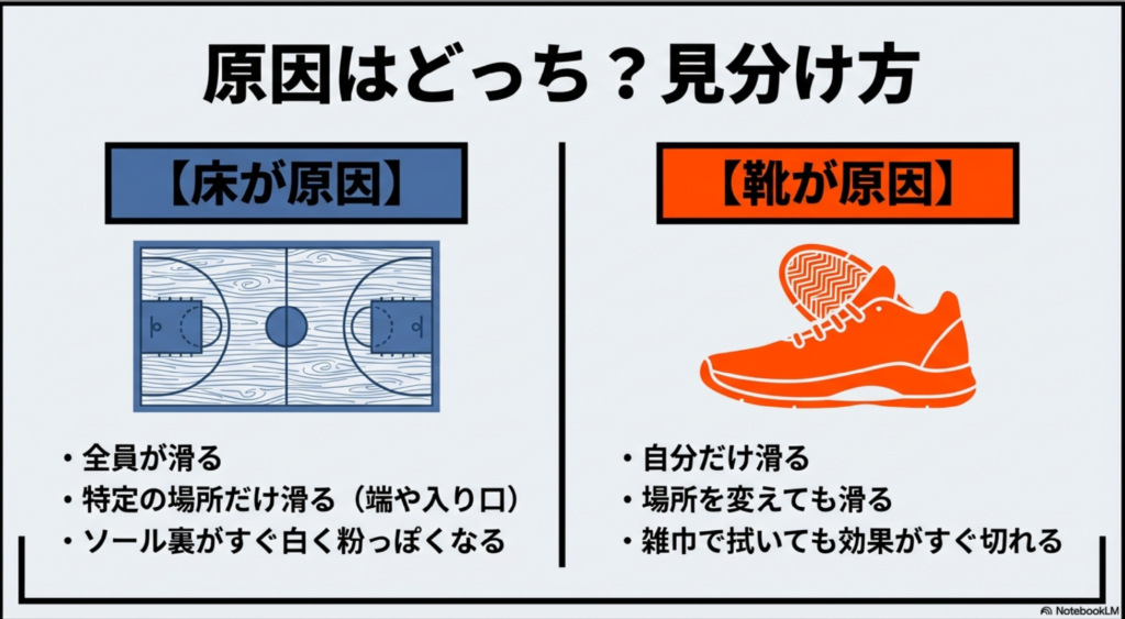バッシュが滑る原因が「体育館の床」なのか「バッシュの靴底」なのかを、症状からチェックして見分けるための比較表。