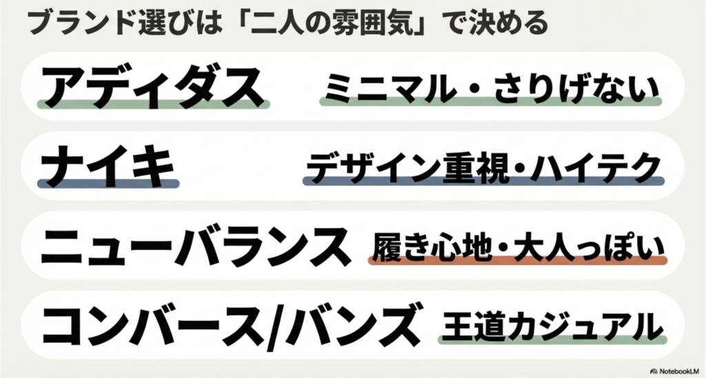 アディダス(ミニマル)、ナイキ(ハイテク)、ニューバランス(履き心地)、コンバース(王道)のブランド特徴。