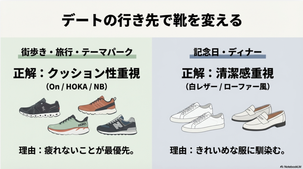 街歩き・旅行にはクッション性重視、記念日・ディナーには清潔感重視のモデルを選ぶ比較図。