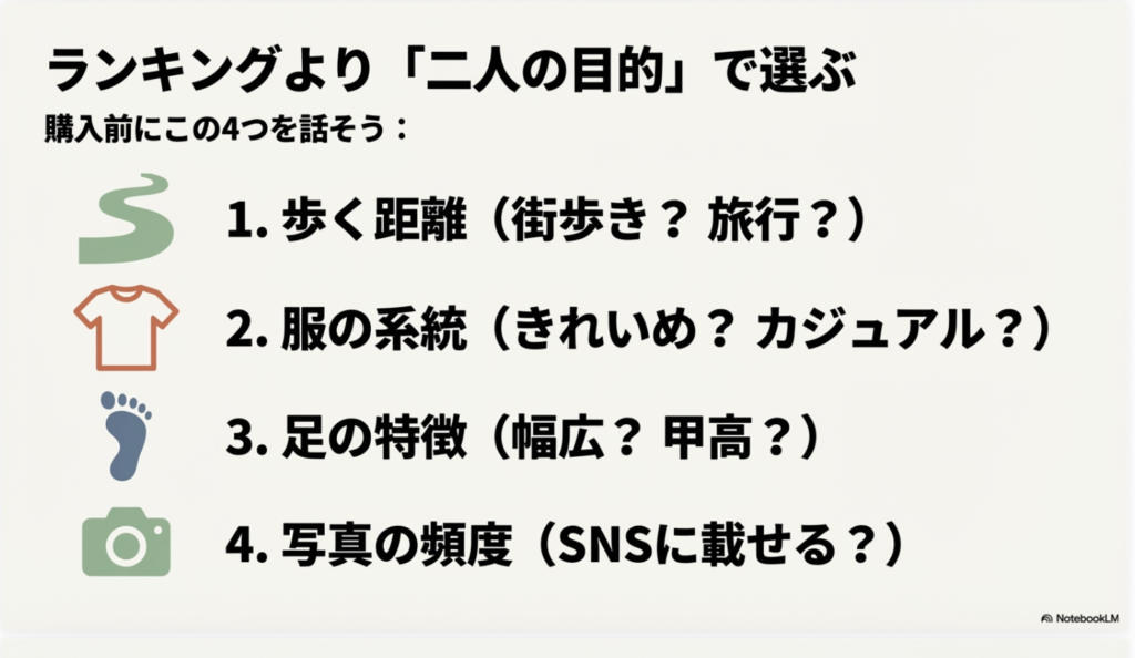 歩く距離、服の系統、足の特徴、写真の頻度という、お揃いスニーカー購入前に話すべき4つの項目。