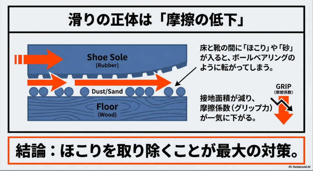 靴底と床の間にほこりや砂が入ることで、ボールベアリングのように転がってしまい摩擦係数が下がる仕組みを解説する図。