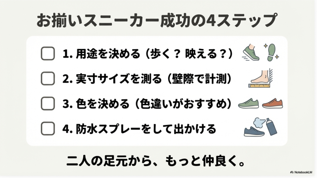 用途決定、実寸計測、色の選定、防水スプレーという成功への4ステップ。