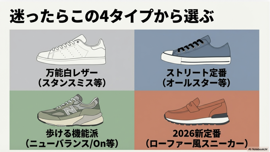 万能白レザー、ストリート定番、歩ける機能派、ローファー風スニーカーの4タイプを紹介。