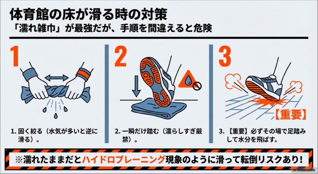 ルール違反のワックス掛けやスプレー使用が怪我や床の剥離原因になることを警告する禁止マーク付きのイラスト。