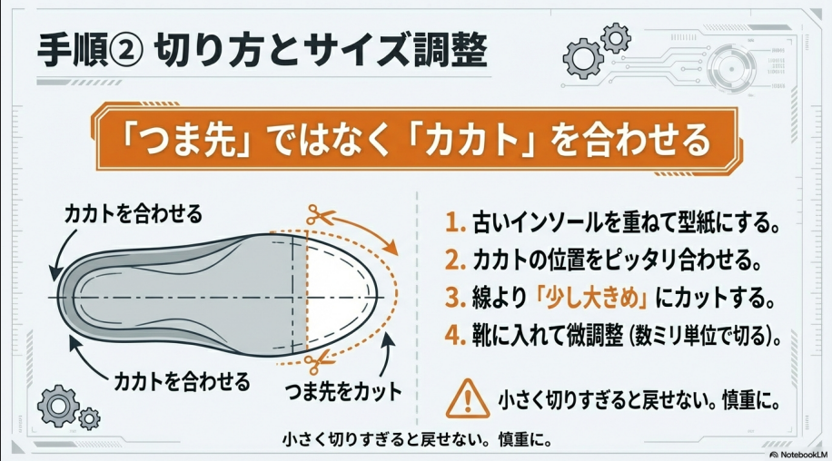 インソールの切り方。古いインソールを重ねて「カカト」を基準に合わせ、つま先側を少し大きめにカットするポイントの図解。