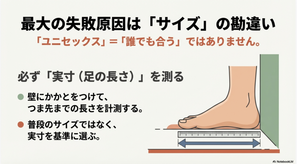 壁にかかとをつけて足の長さ(実寸)を測る方法のイラスト図解。