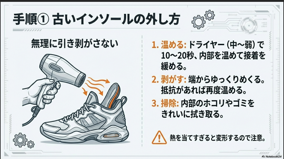接着されたインソールの外し方手順。ドライヤーで10〜20秒温めて接着を緩め、端からゆっくり剥がす手順のイラスト。
