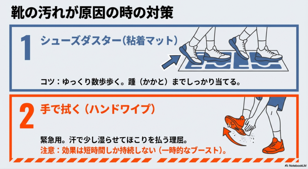 ブラシでの粉落とし、中性洗剤での洗浄、陰干し乾燥という、バッシュのグリップを復活させるための正しい手入れ手順。