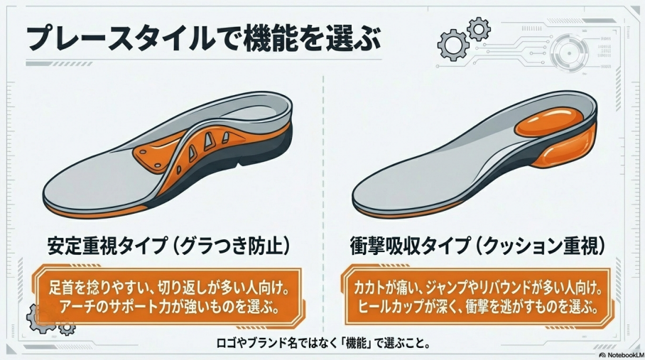 安定重視タイプと衝撃吸収タイプの違い。切り返しが多い人はアーチサポート、ジャンプが多い人は深いヒールカップを選ぶ。