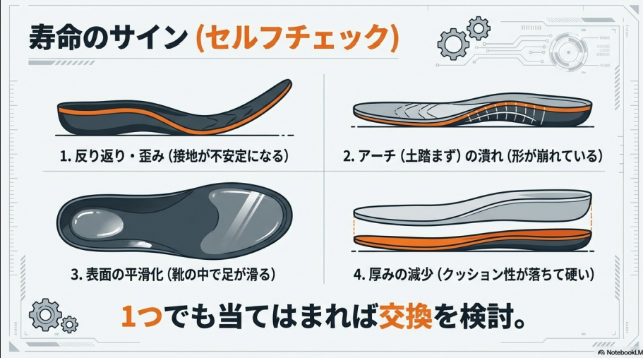 インソールの交換目安。1.反り返り・歪み、2.アーチの潰れ、3.表面の摩耗、4.厚みの減少の4項目をイラストで解説。