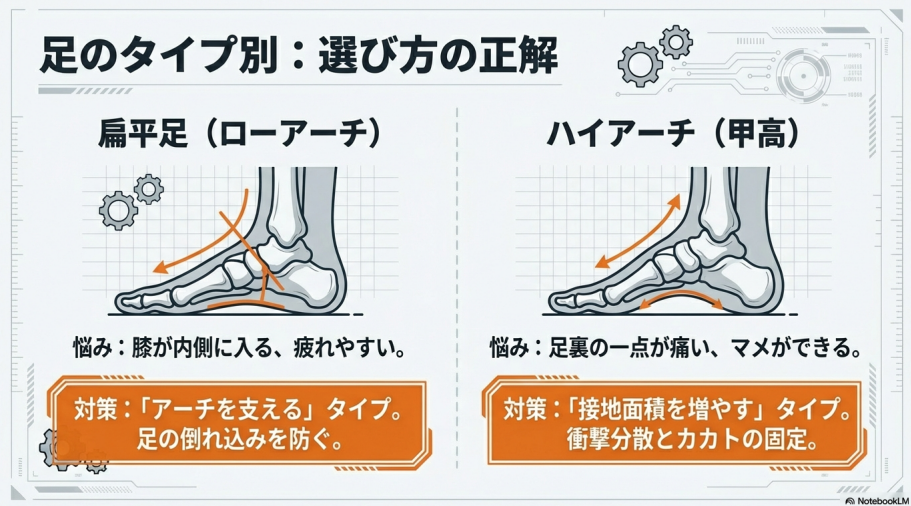 足のタイプ別対策。扁平足（ローアーチ）はアーチを支えるタイプ、ハイアーチ（甲高）は接地面積を増やすタイプが適していることを示す骨格図。
