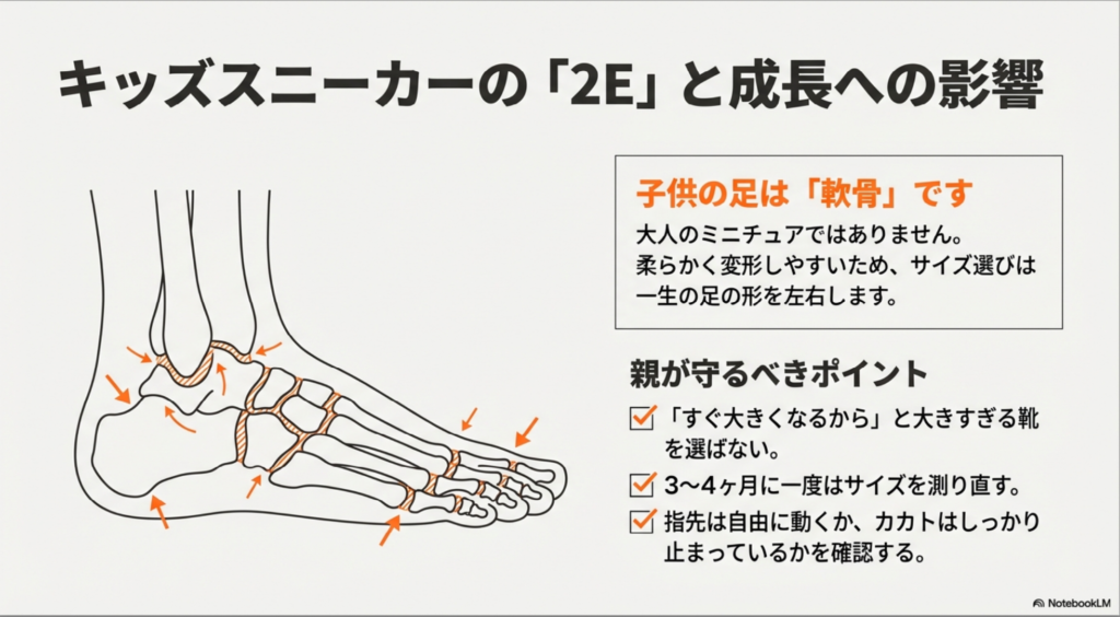 子供の足は軟骨で柔らかく変形しやすいことと、親が靴選びで守るべきチェックポイントの解説