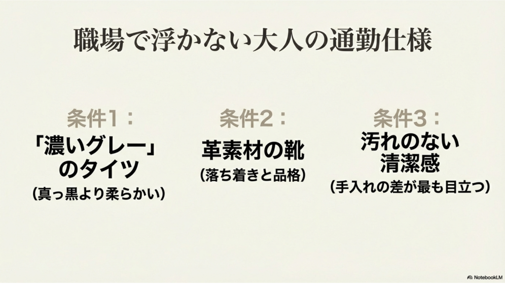 濃いグレーのタイツ、革素材の靴、汚れのない清潔感という通勤スニーカーを上品に見せる3つの条件