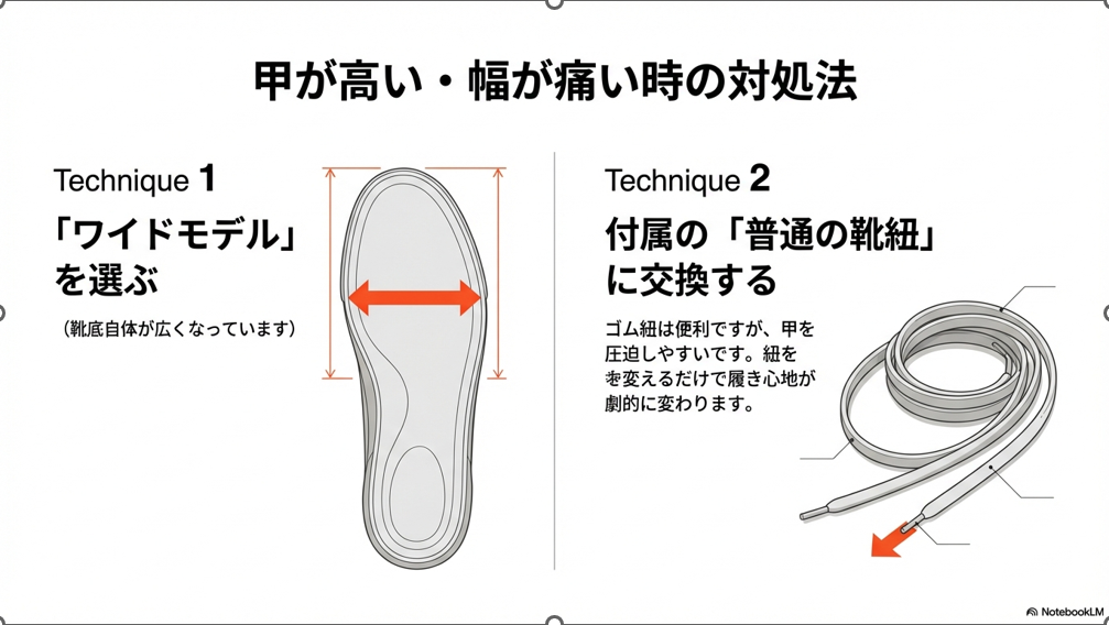 Onスニーカーで甲や幅に痛みを感じる際の対処法として、ワイドモデルの選択と付属の普通の靴紐への交換を提案するテクニック解説