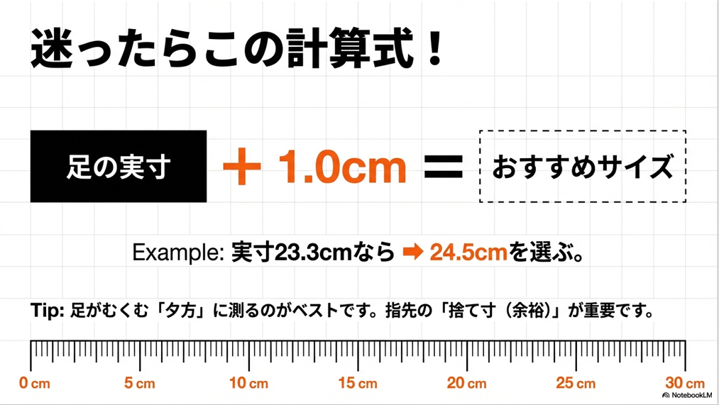 足の実寸に1.0cmを足すことでOnのおすすめサイズを算出する計算式と、夕方のむくみ時に計測すべきTipを紹介する図