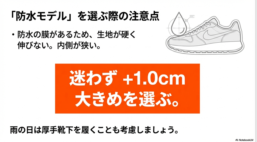 防水膜の影響で生地が硬く伸びない防水モデルは、迷わず+1.0cm大きめを選ぶべき理由と雨の日の靴下への配慮を説明する図