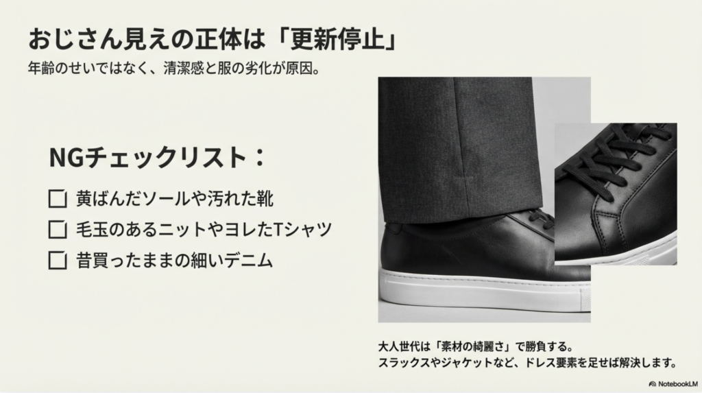 おじさん見えを回避するためのNGチェックリスト。汚れ、毛玉、古いシルエットのデニムへの注意喚起