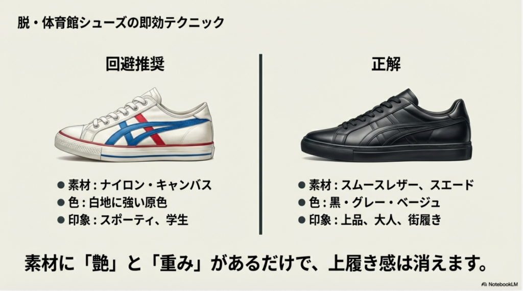 回避推奨」のナイロン素材・原色モデルと、「正解」のスムースレザー・落ち着いた色のモデルを比較した解説画像
