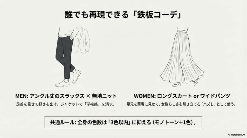 男性はアンクル丈スラックス、女性はロングスカートやワイドパンツを合わせる鉄板コーディネートのイラスト