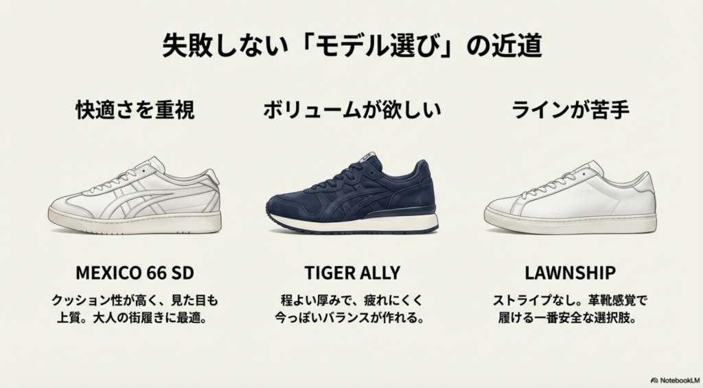MEXICO 66 SD、TIGER ALLY、LAWNSHIPの3モデルの特徴と、目的別の選び方をまとめたガイド