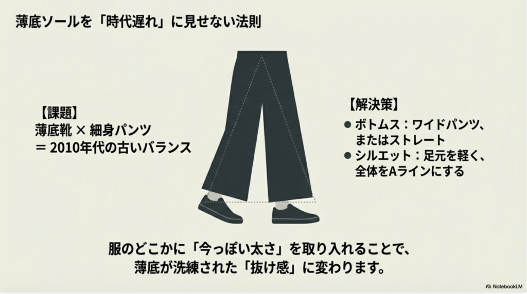 薄底靴に細身パンツを合わせる古いバランスと、ワイドパンツでAラインを作る今っぽいシルエットの比較図