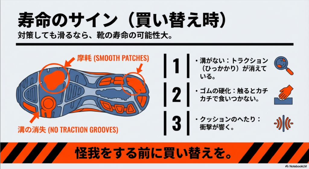 粘着マット（シューズダスター）で踵までしっかり汚れを取るコツと、緊急時のハンドワイプ（手で拭く）の注意点を説明した図。