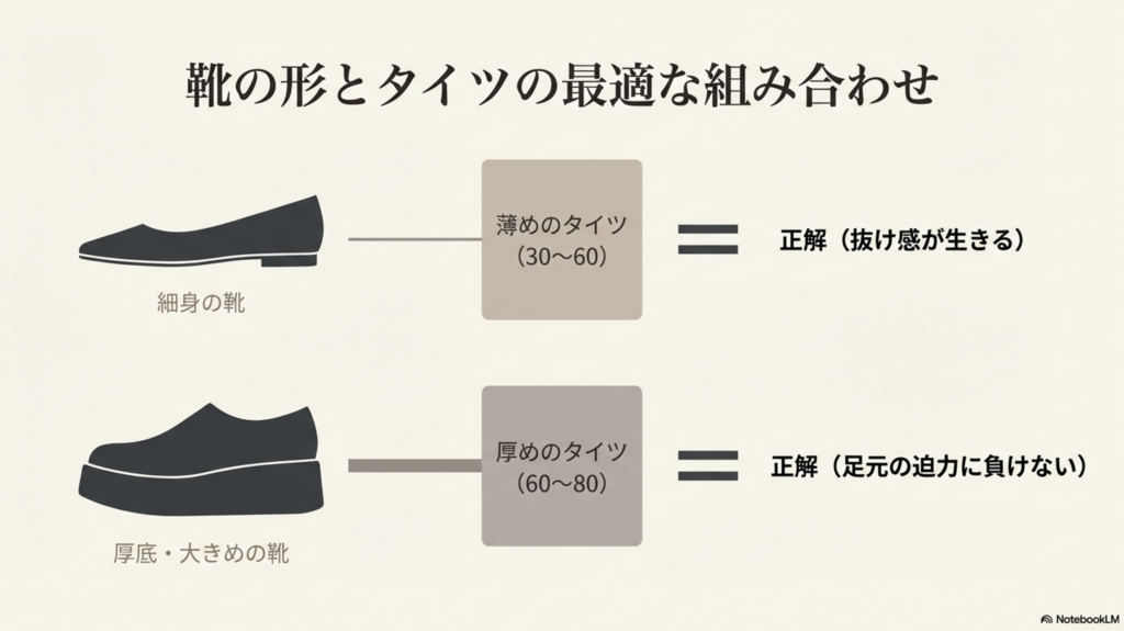 細身の靴には30〜60デニールの薄めタイツ、厚底・大きめの靴には60〜80デニールの厚めタイツを合わせるのが正解という図解