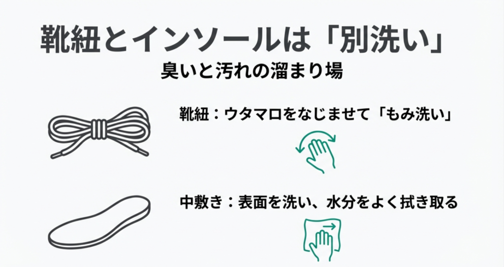 靴紐はウタマロで揉み洗い、中敷きは表面を洗って水分を拭き取る手順の解説