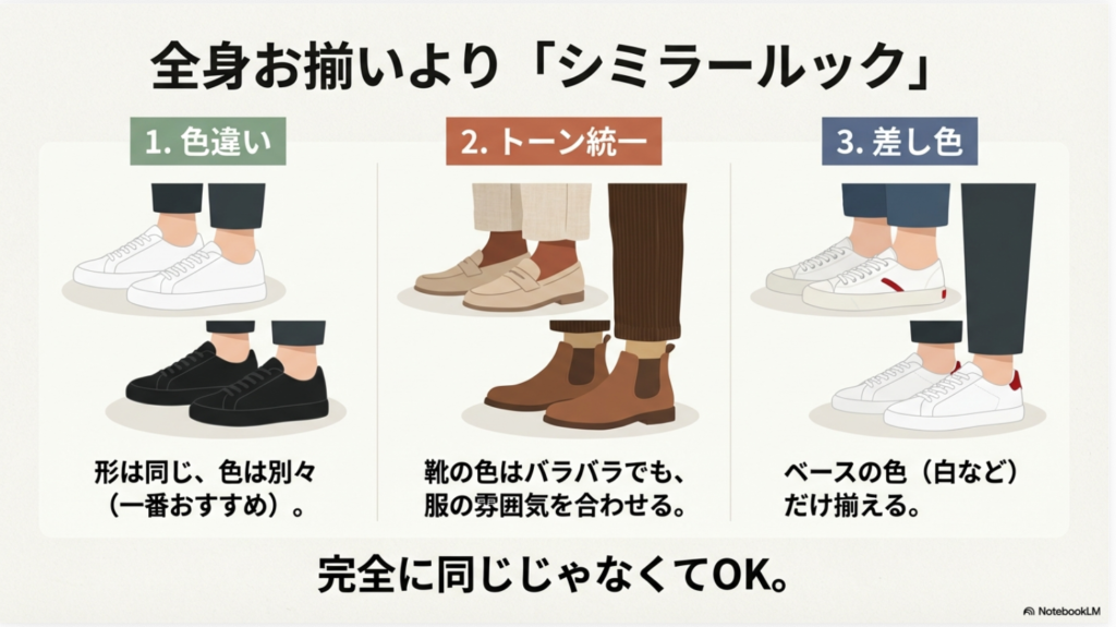 色違い、トーン統一、差し色などの手法を使った、スニーカーお揃いシミラールックの例。