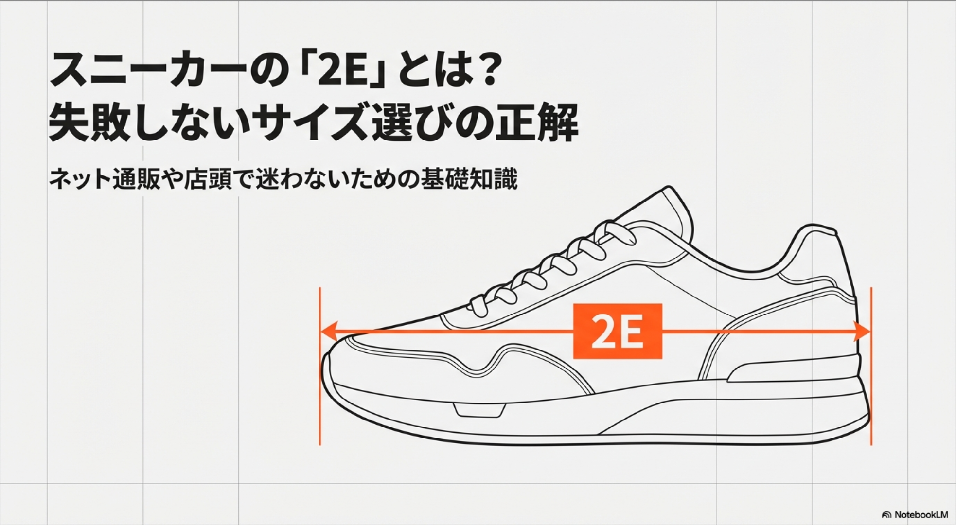 スニーカーの2Eワイズとは何か、失敗しないサイズ選びの基本を解説するタイトルスライド画像