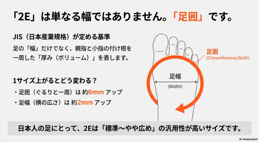 2Eが足の幅だけでなく足囲（ボリューム）を表すことや、1サイズアップで足囲が約6mm、足幅が約2mm変化することの図解