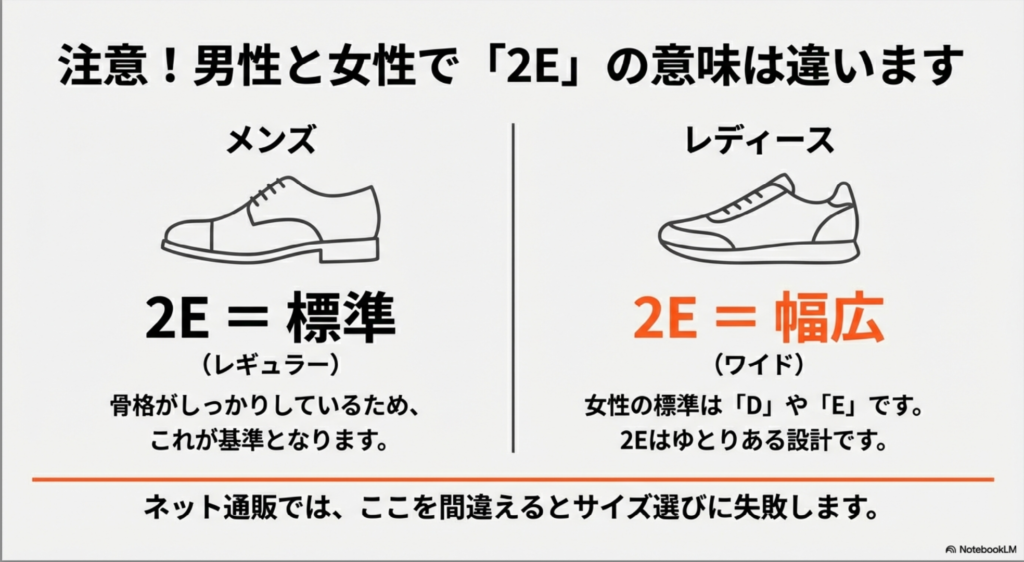 男性にとっての2Eは標準（レギュラー）、女性にとっては幅広（ワイド）であるという設計基準の違いを説明するスライド