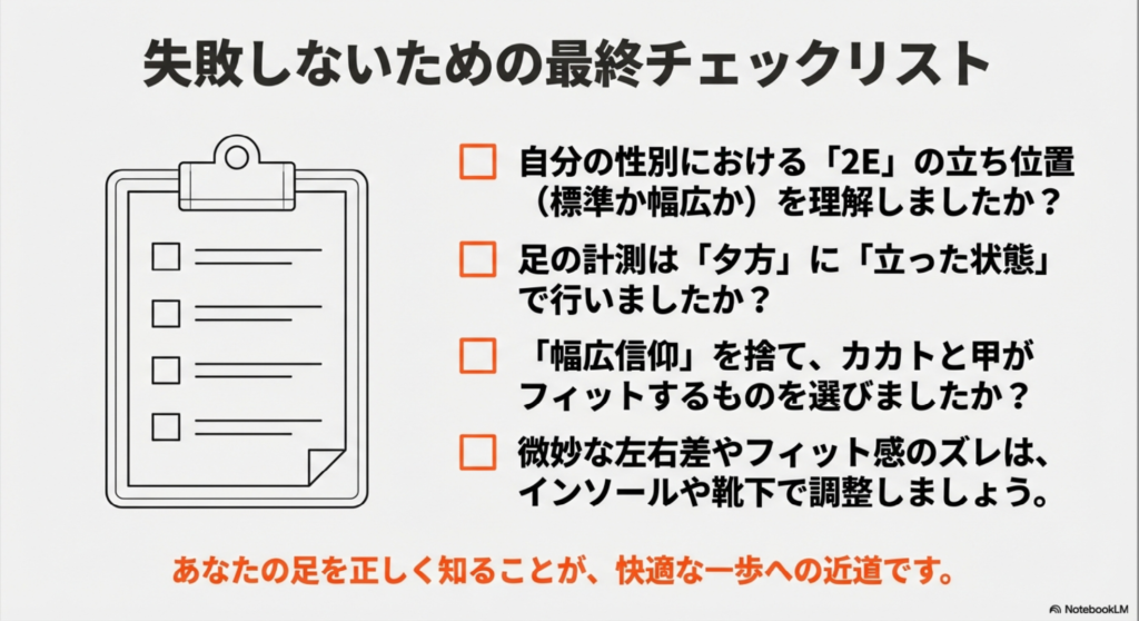 性別の立ち位置、計測ルール、フィット感の確認など、2Eスニーカー購入前に確認すべき項目をまとめたチェックリスト画像