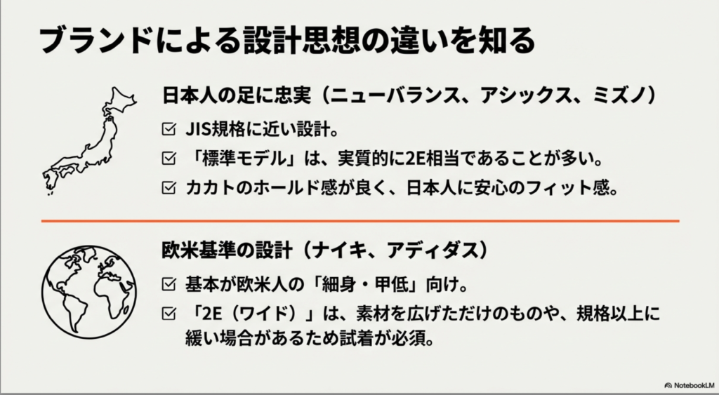 ニューバランスやアシックス等の日本人に忠実な設計と、ナイキやアディダス等の欧米基準設計の2Eの違いを比較した図解