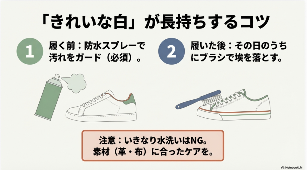 履く前の防水スプレーと、履いた後のブラッシングによるスニーカーメンテナンスの図解。