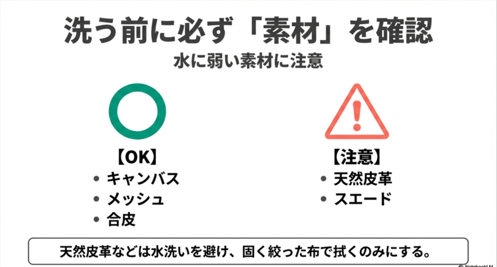 天然皮革やスエードは水洗いNG、キャンバスやメッシュ、合皮はOKと解説する素材確認ガイド
