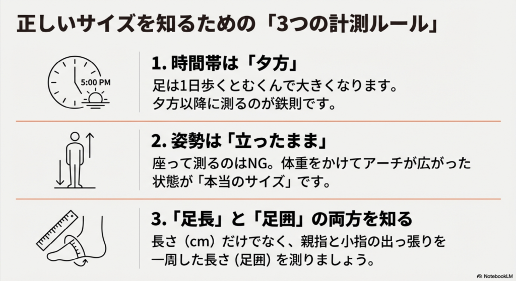 夕方に測る、立ったまま体重をかけて測る、足長と足囲の両方を測るという3つの基本ルールのイラスト