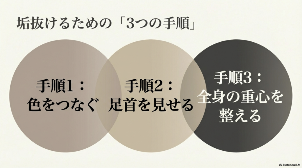1.色をつなぐ、2.足首を見せる、3.全身の重心を整えるという、垢抜けるための3ステップの図解