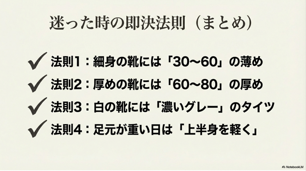 細身・厚底・白靴・足元が重い日の4つのケースに合わせた即決法則のまとめ