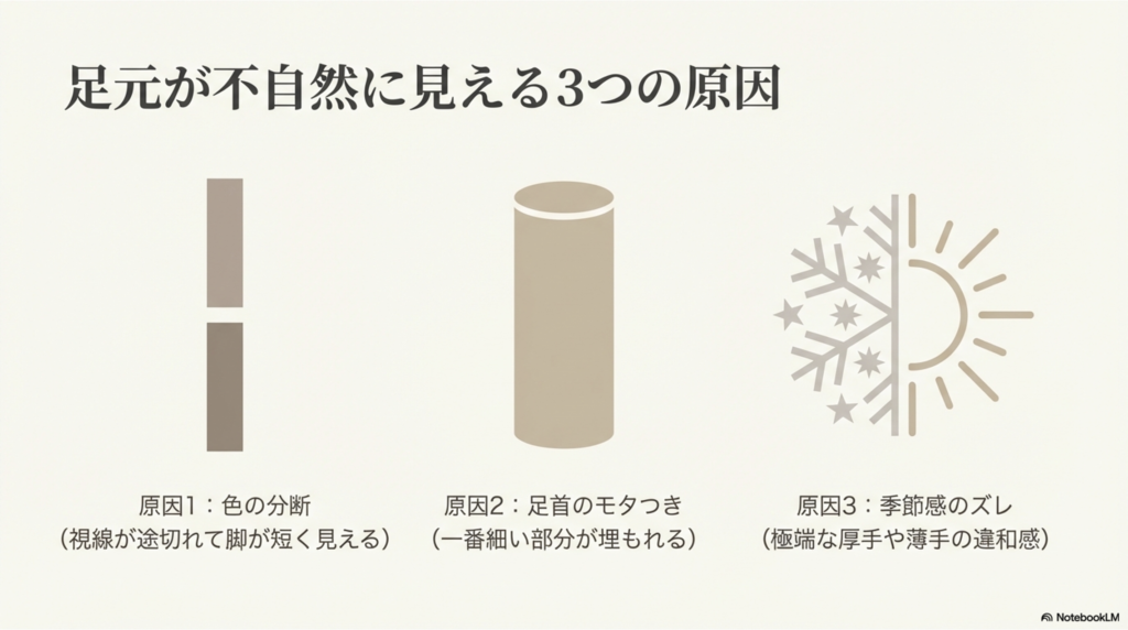 色の分断、足首のモタつき、季節感のズレという、足元が不自然に見える3つの原因を解説する図解スライド