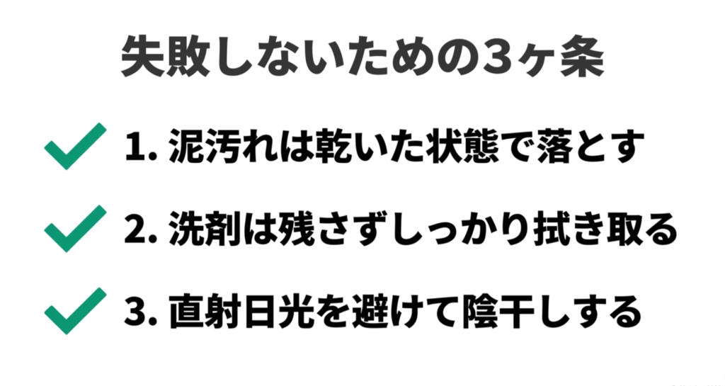 泥汚れは乾いた状態で落とす、洗剤をしっかり拭き取る、陰干しするという重要ポイントのまとめ