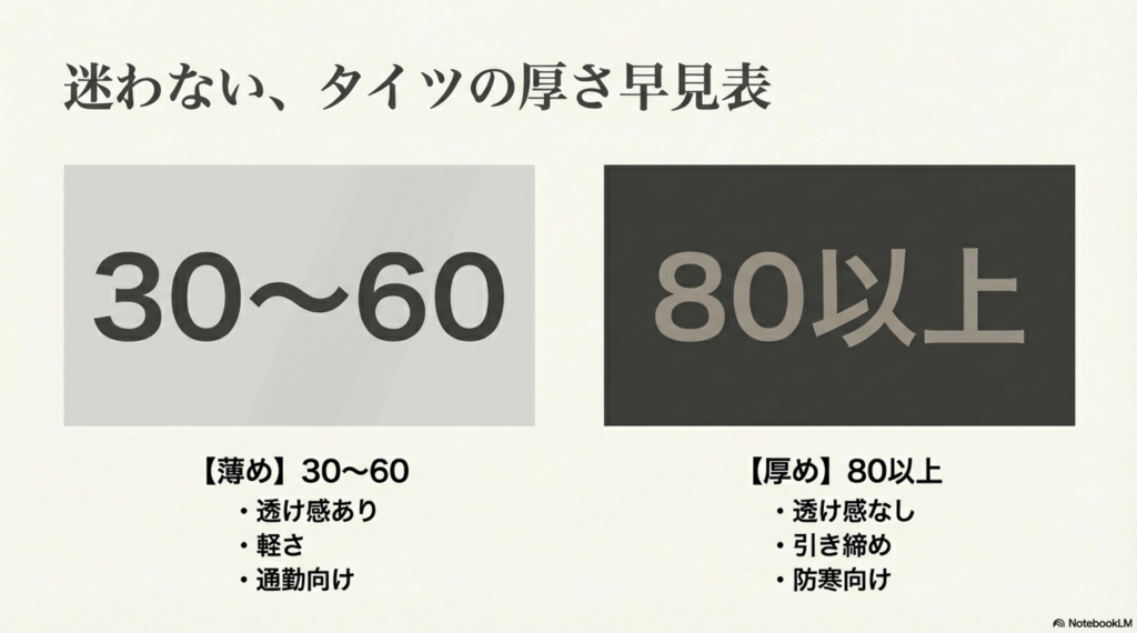 30〜60デニールの薄めタイプと80デニール以上の厚めタイプの特徴を比較した早見表