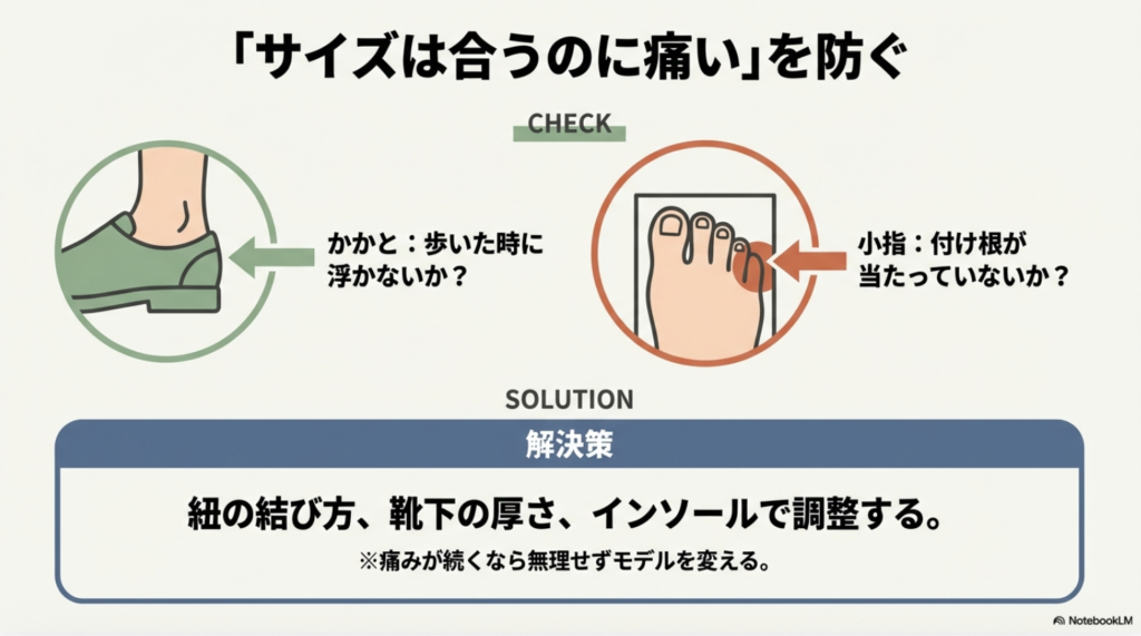 かかとの浮きや小指の痛みをチェックし、紐やインソールで調整するフィッティング解決策。