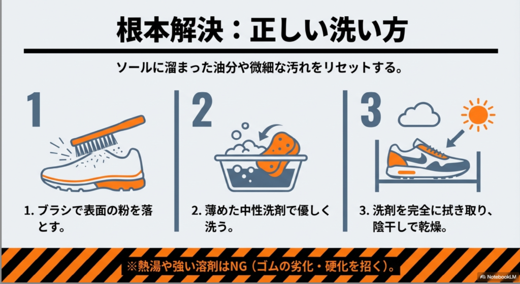 濡れ雑巾で滑り止めをする際の、固く絞る・一瞬踏む・その場で足踏みして水分を飛ばすという正しい3ステップ。