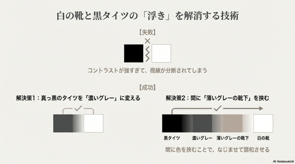 黒タイツを濃いグレーに変える、または間に薄いグレーの靴下を挟むことで白スニーカーとのコントラストを調和させる方法
