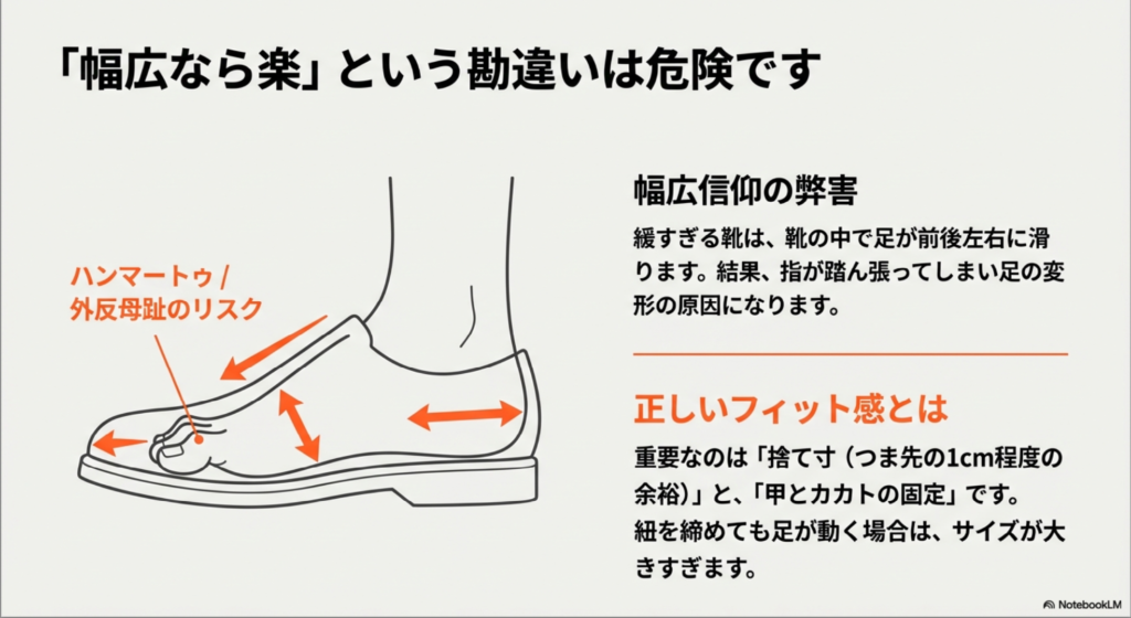 緩すぎる靴による足の変形リスク（ハンマートゥ・外反母趾）と、捨て寸・甲とカカトの固定の重要性についての説明
