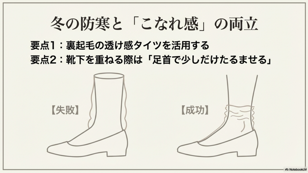 裏起毛の透け感タイツの活用と、靴下を重ねる際に足首で少したるませてこなれ感を出す方法の図解